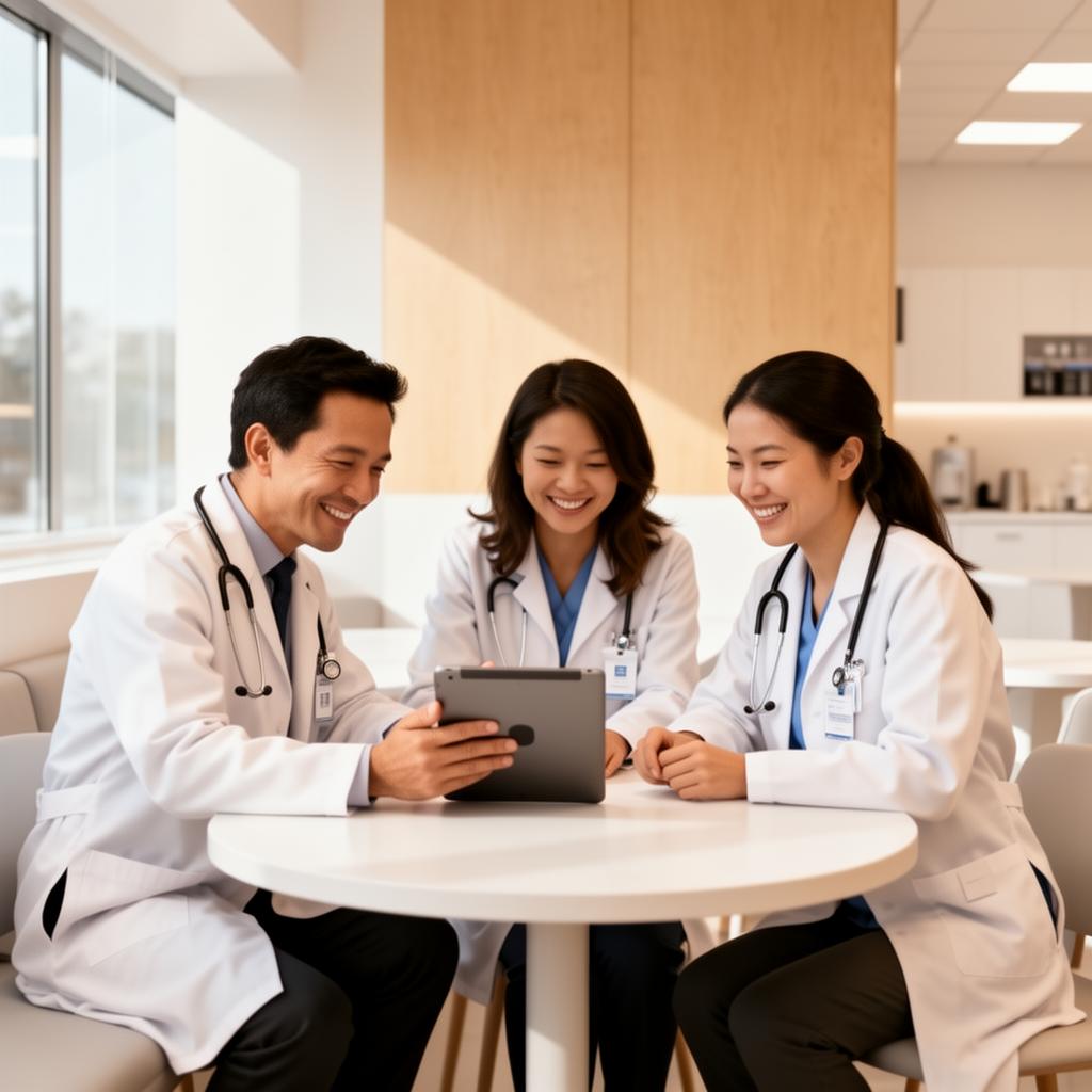 Independent physicians collaborating in a clinic