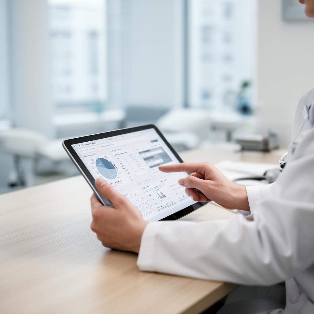 Physician reviewing practice data on a tablet